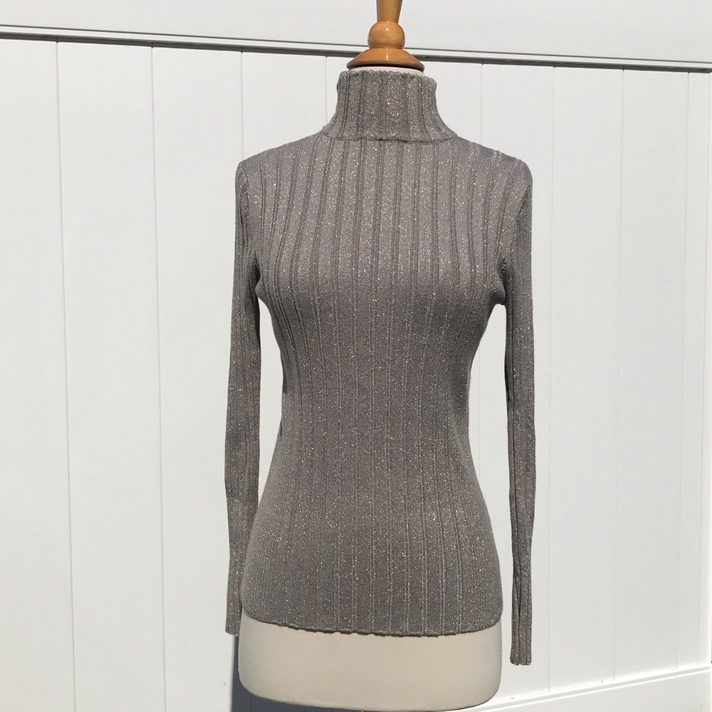 NWOT Peck & Peck Taupe SilverbMetallic Stretchy Turtleneck Sweater Size Small